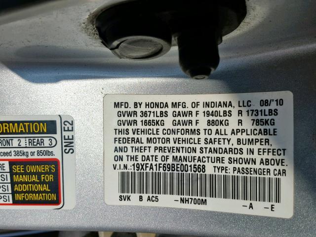 19XFA1F69BE001568 - 2011 HONDA CIVIC LX-S فضي صورة 10