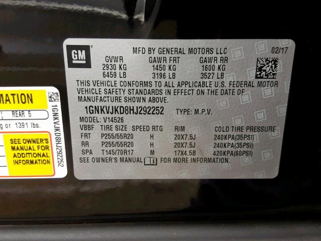 1GNKVJKD8HJ292252 - 2017 CHEVROLET TRAVERSE P BLACK photo 10