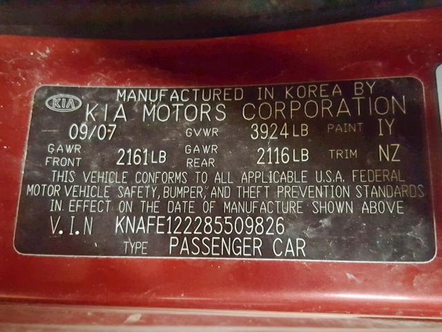 KNAFE122285509826 - 2008 KIA SPECTRA EX MAROON photo 10