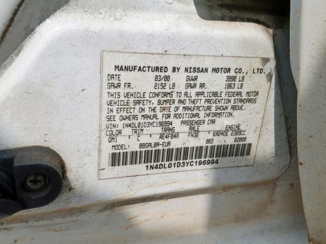 1N4DL01D3YC196994 - 2000 NISSAN ALTIMA XE WHITE photo 10