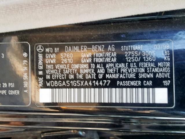 WDBGA51G5XA414477 - 1999 MERCEDES-BENZ S 500 BLACK photo 10