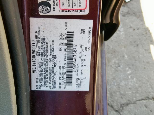 3FAHP0GA4CR345717 - 2012 FORD FUSION S MAROON photo 10