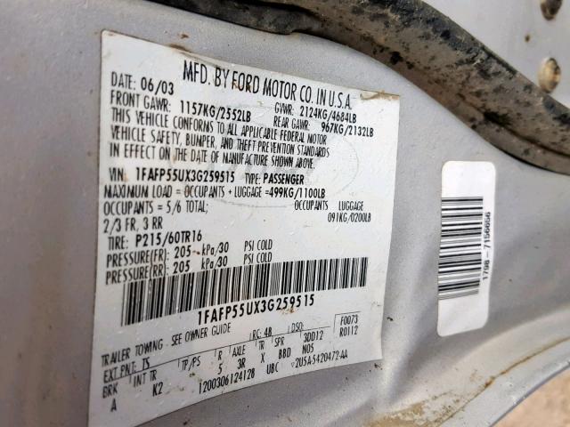 1FAFP55UX3G259515 - 2003 FORD TAURUS SES SILVER photo 10