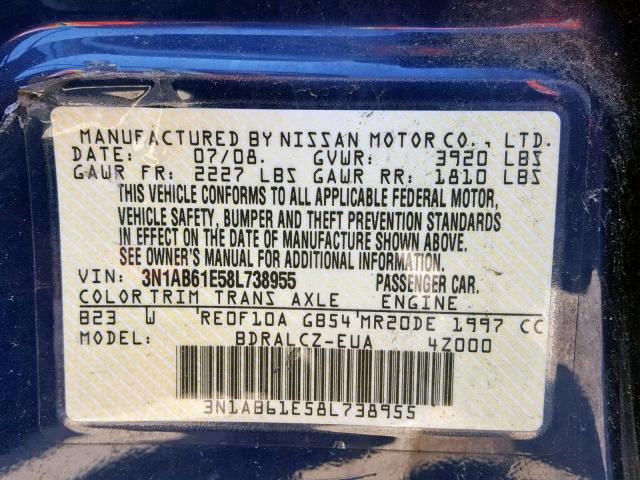 3N1AB61E58L738955 - 2008 NISSAN SENTRA 2.0 BLUE photo 10