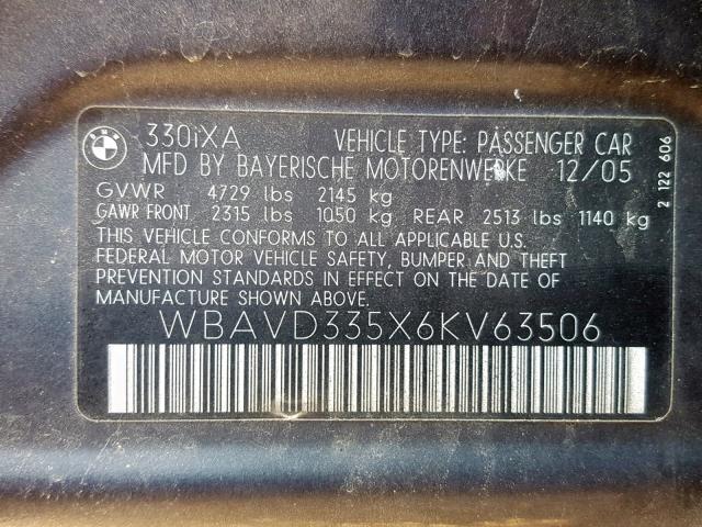 WBAVD335X6KV63506 - 2006 BMW 330 XI GRAY photo 10