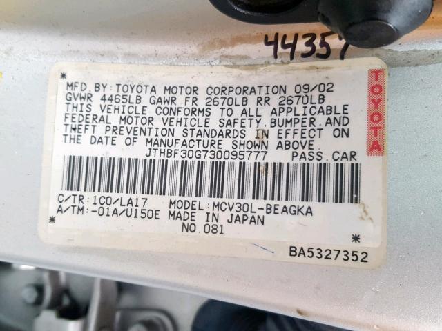 JTHBF30G730095777 - 2003 LEXUS ES 300 SILVER photo 10