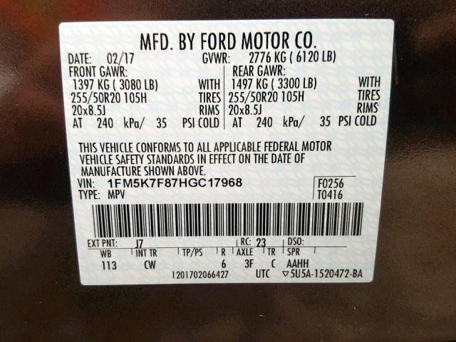 1FM5K7F87HGC17968 - 2017 FORD EXPLORER L CHARCOAL photo 10