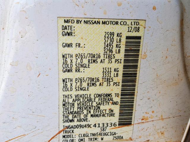 1N6AD09U49C413336 - 2009 NISSAN FRONTIER C WHITE photo 10