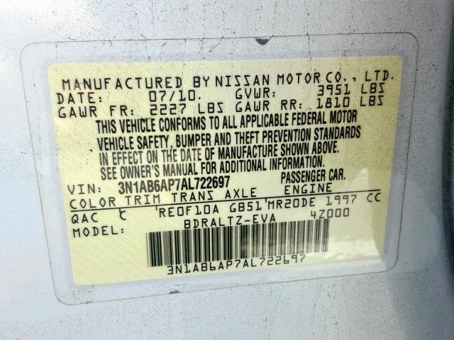 3N1AB6AP7AL722697 - 2010 NISSAN SENTRA 2.0 WHITE photo 10