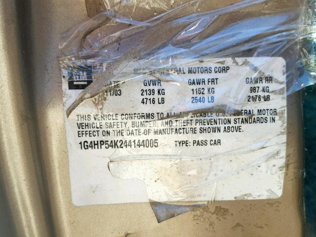 1G4HP54K244144005 - 2004 BUICK LESABRE CU BEIGE photo 10