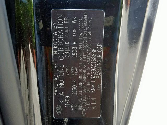 KNAFU6A29A5168836 - 2010 KIA FORTE EX BLACK photo 10