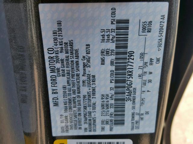 3FA6P0G75KR177290 - 2019 FORD FUSION S CHARCOAL photo 10