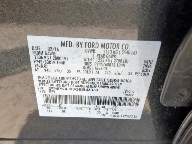 2FMPK4J93GBB43333 - 2016 FORD EDGE SEL GRAY photo 10