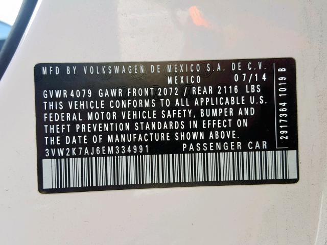 3VW2K7AJ6EM334991 - 2014 VOLKSWAGEN JETTA BASE WHITE photo 10