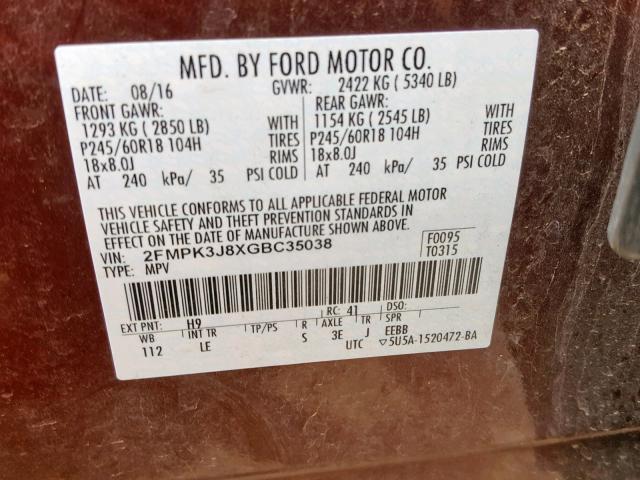 2FMPK3J8XGBC35038 - 2016 FORD EDGE SEL BROWN photo 10