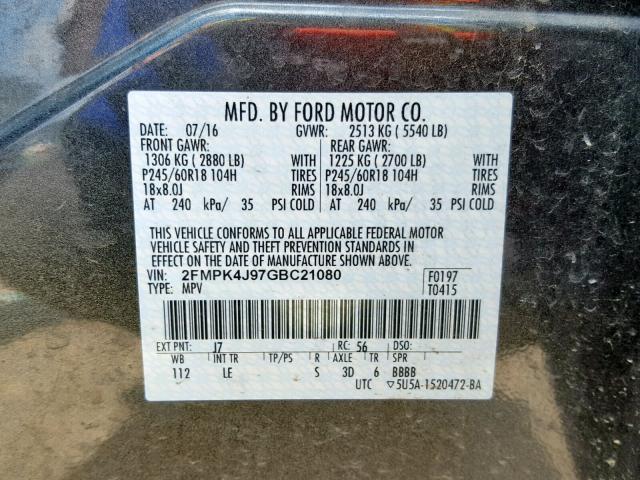 2FMPK4J97GBC21080 - 2016 FORD EDGE SEL GRAY photo 10