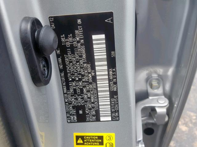 5TDZK3EH3CS073897 - 2012 TOYOTA HIGHLANDER SILVER photo 10