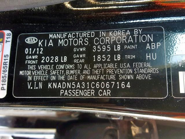 KNADN5A31C6067164 - 2012 KIA RIO EX BLACK photo 10