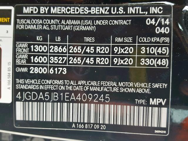 4JGDA5JB1EA409245 - 2014 MERCEDES-BENZ ML 350 BLACK photo 10