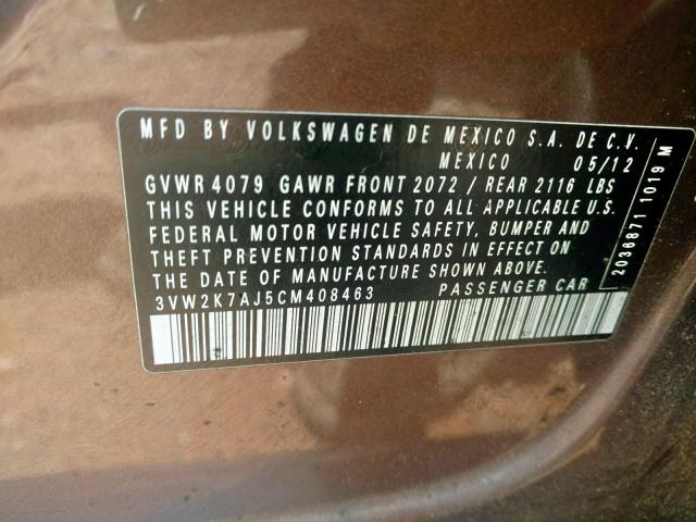 3VW2K7AJ5CM408463 - 2012 VOLKSWAGEN JETTA BASE 棕色 照片 10