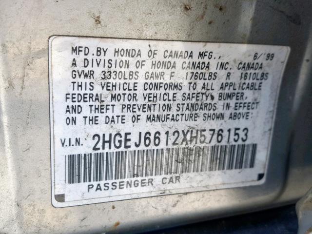 2HGEJ6612XH576153 - 1999 HONDA CIVIC BASE Gümüş foto 10