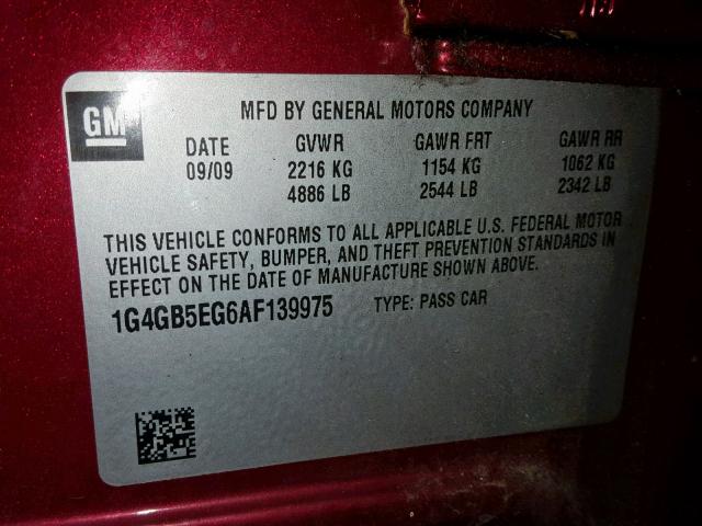 1G4GB5EG6AF139975 - 2010 BUICK LACROSSE C RED photo 10