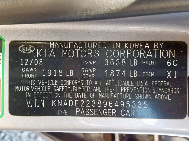 KNADE223896495335 - 2009 KIA RIO BASE SILVER photo 10