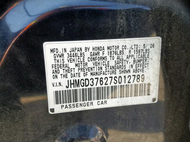 JHMGD37627S012789 - 2007 HONDA FIT S შავი ფოტო 10