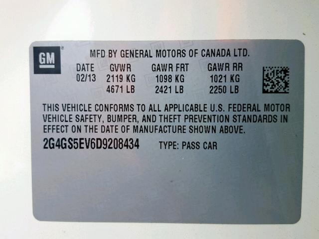 2G4GS5EV6D9208434 - 2013 BUICK REGAL PREM WHITE photo 10