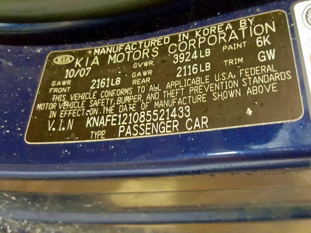 KNAFE121085521433 - 2008 KIA SPECTRA EX BLUE photo 10