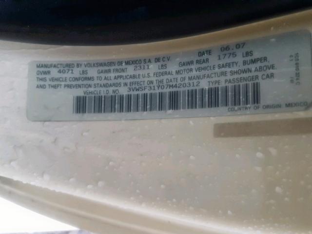 3VWSF31Y07M420312 - 2007 VOLKSWAGEN NEW BEETLE Krem foto 10