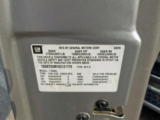 1GKET63M162121779 - 2006 GMC ENVOY DENA SILVER photo 10