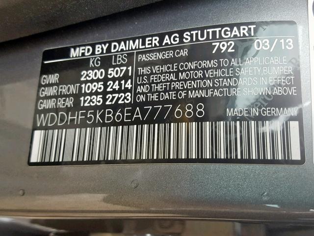 WDDHF5KB6EA777688 - 2014 MERCEDES-BENZ E 350 GRAY photo 10