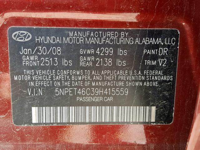 5NPET46C39H415559 - 2009 HYUNDAI SONATA GLS MAROON photo 10