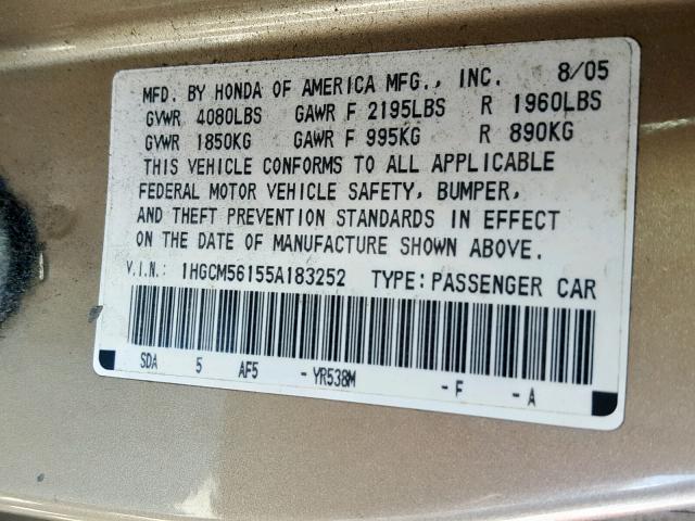 1HGCM56155A183252 - 2005 HONDA ACCORD DX GOLD photo 10