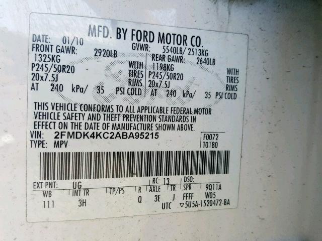 2FMDK4KC2ABA95215 - 2010 FORD EDGE LIMIT WHITE photo 10