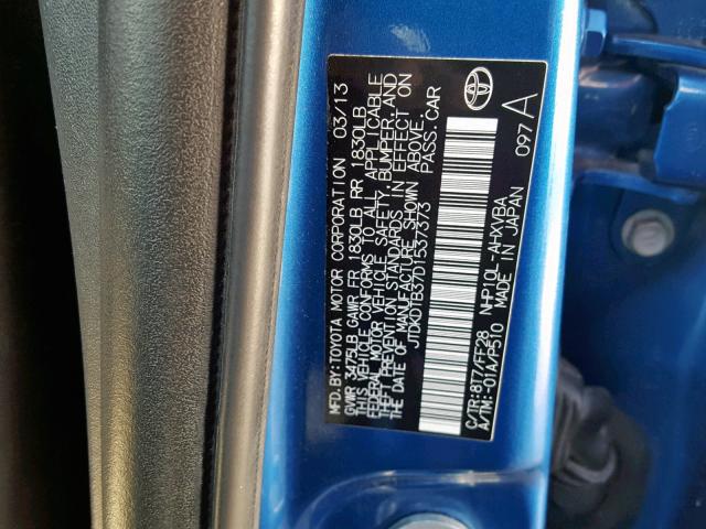 JTDKDTB37D1537373 - 2013 TOYOTA PRIUS C BLUE photo 10