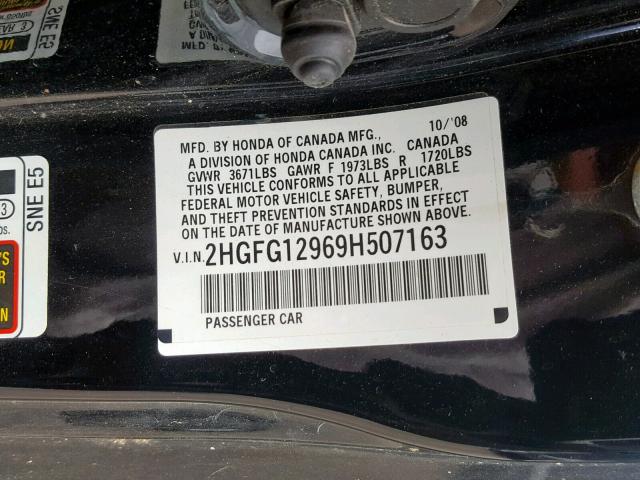 2HGFG12969H507163 - 2009 HONDA CIVIC EXL 黑色 照片 10