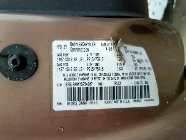 1B7GL2AN4YS754207 - 2000 DODGE DAKOTA QUA BROWN photo 10