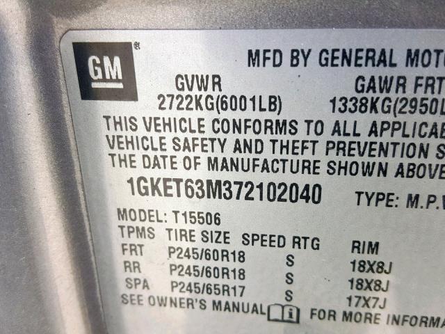 1GKET63M372102040 - 2007 GMC ENVOY DENA GRAY photo 10