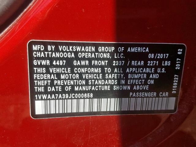 1VWAA7A39JC000658 - 2018 VOLKSWAGEN PASSAT S RED photo 10