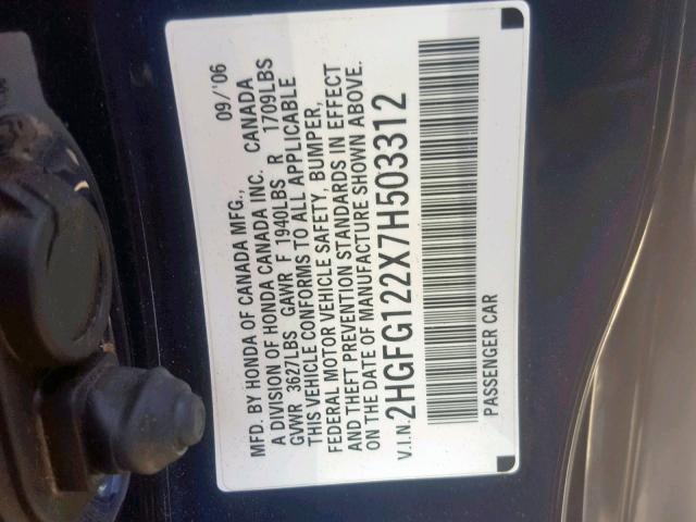 2HGFG122X7H503312 - 2007 HONDA CIVIC DX BLUE photo 10