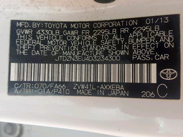 JTDZN3EU4D3234300 - 2013 TOYOTA PRIUS V WHITE photo 10