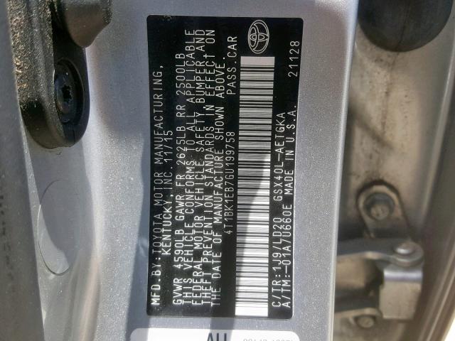 4T1BK1EB7GU199758 - 2016 TOYOTA AVALON XLE GRAY photo 10