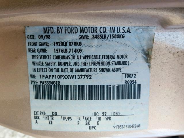 1FAFP10PXXW137792 - 1999 FORD ESCORT LX BEIGE photo 10