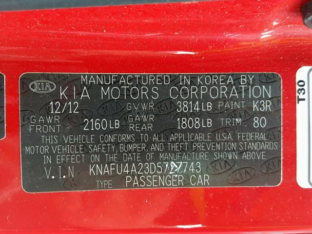 KNAFU4A23D5727743 - 2013 KIA FORTE EX RED photo 10