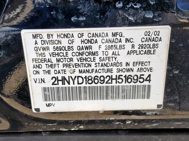 2HNYD18692H516954 - 2002 ACURA MDX TOURIN BLACK photo 10