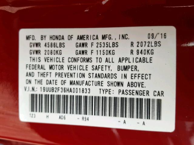 19UUB2F36HA001833 - 2017 ACURA TLX RED photo 10