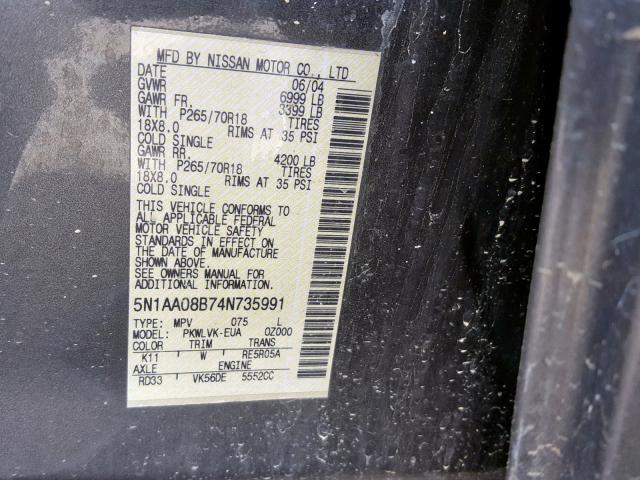 5N1AA08B74N735991 - 2004 NISSAN ARMADA SE GRAY photo 10