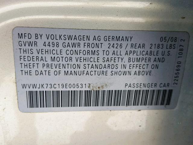 WVWJK73C19E005317 - 2009 VOLKSWAGEN PASSAT TUR SILVER photo 10